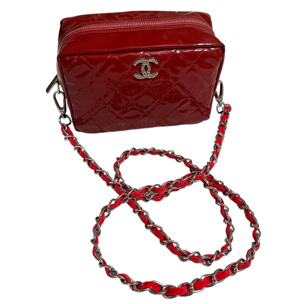 Chanel Red Quilted Patent Leather Vanity Bag with Chain Strap